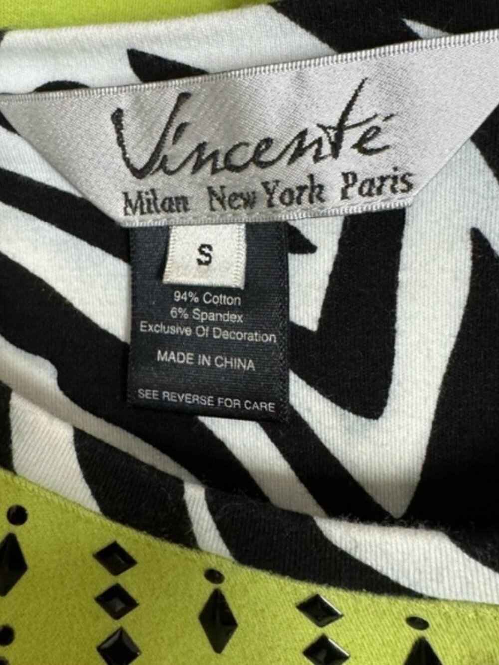 Vincente Lime Green Embellished Top S Black White Trim 3/4 Sleeve - Picture 8 of 11
